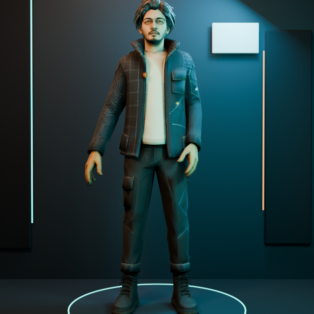 Sadeq's paper-cut-inspired 3D digital character in a cinematic studio
